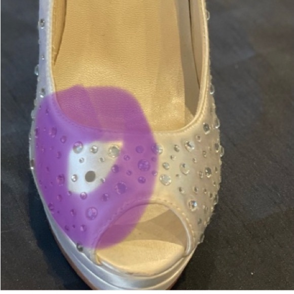 Size 7 White satin, rhinestone embellished, open toe platform heels - Picture 9 of 10